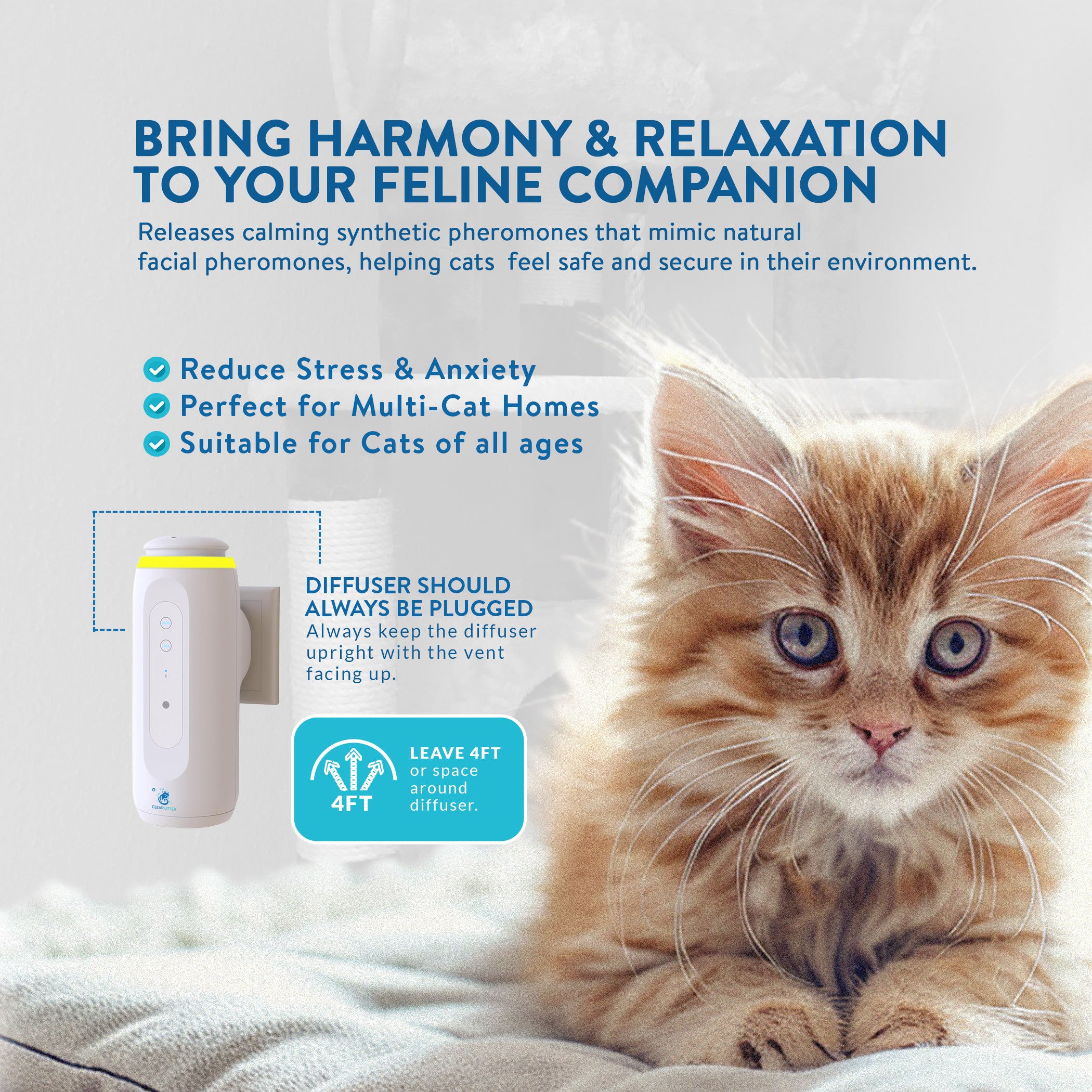 Clear Litter Cat Pheromones Calming Diffuser - Multicat Pheromone Refills, Calm Anxiety Relief, No Scratch Spray, Anti-Aggression, Stop Cats From Urinating in the House, Melatonin for Anxiety Relief